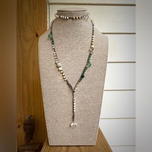 White and green stone, glass, and pearl bead crochet necklace
